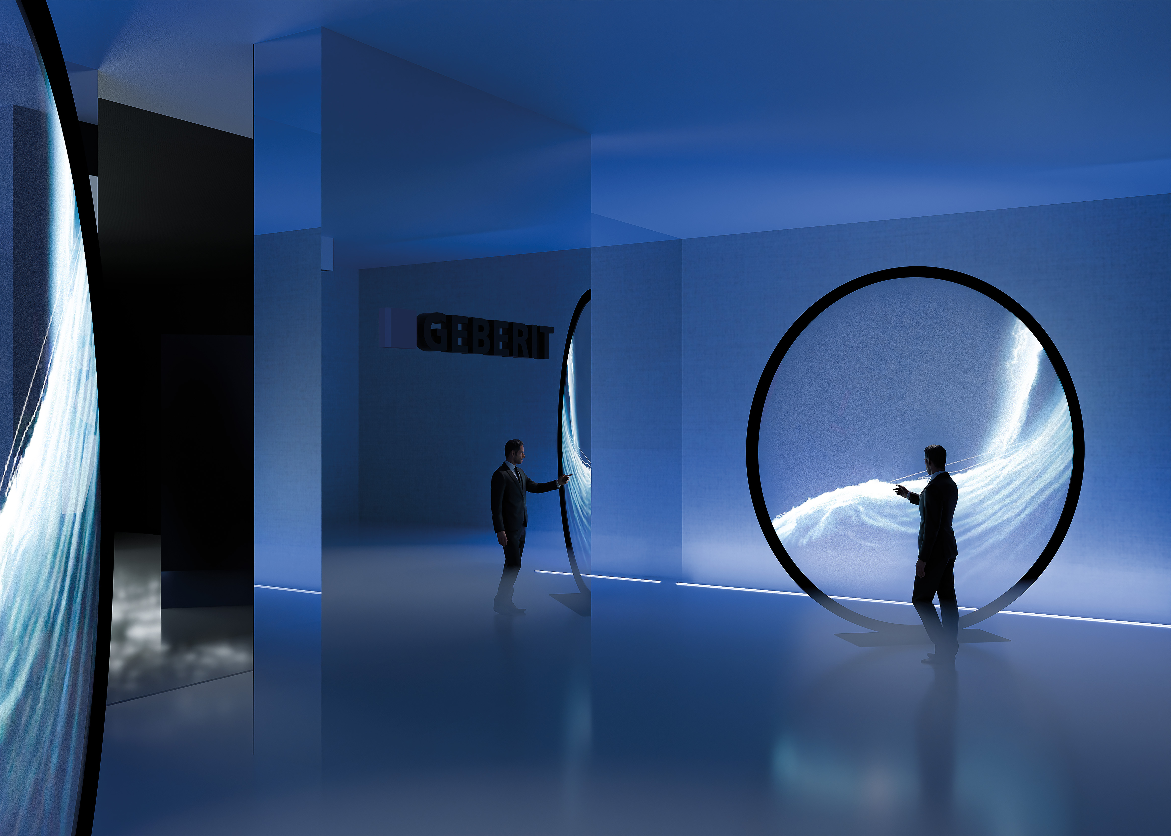 Rendering dell’installazione Geberit per il Fuorisalone 2025, con due uomini che interagiscono con schermi circolari illuminati e proiezioni d’acqua, ambientazione blu e logo Geberit sullo sfondo