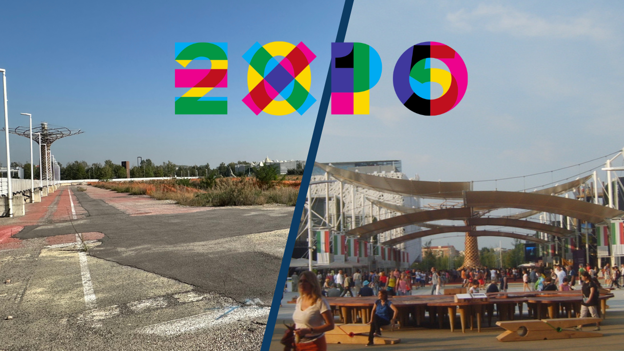Confronto visivo tra Expo Milano 2015 affollato e l’area ex Expo deserta nel 2023 con il logo ufficiale al centro